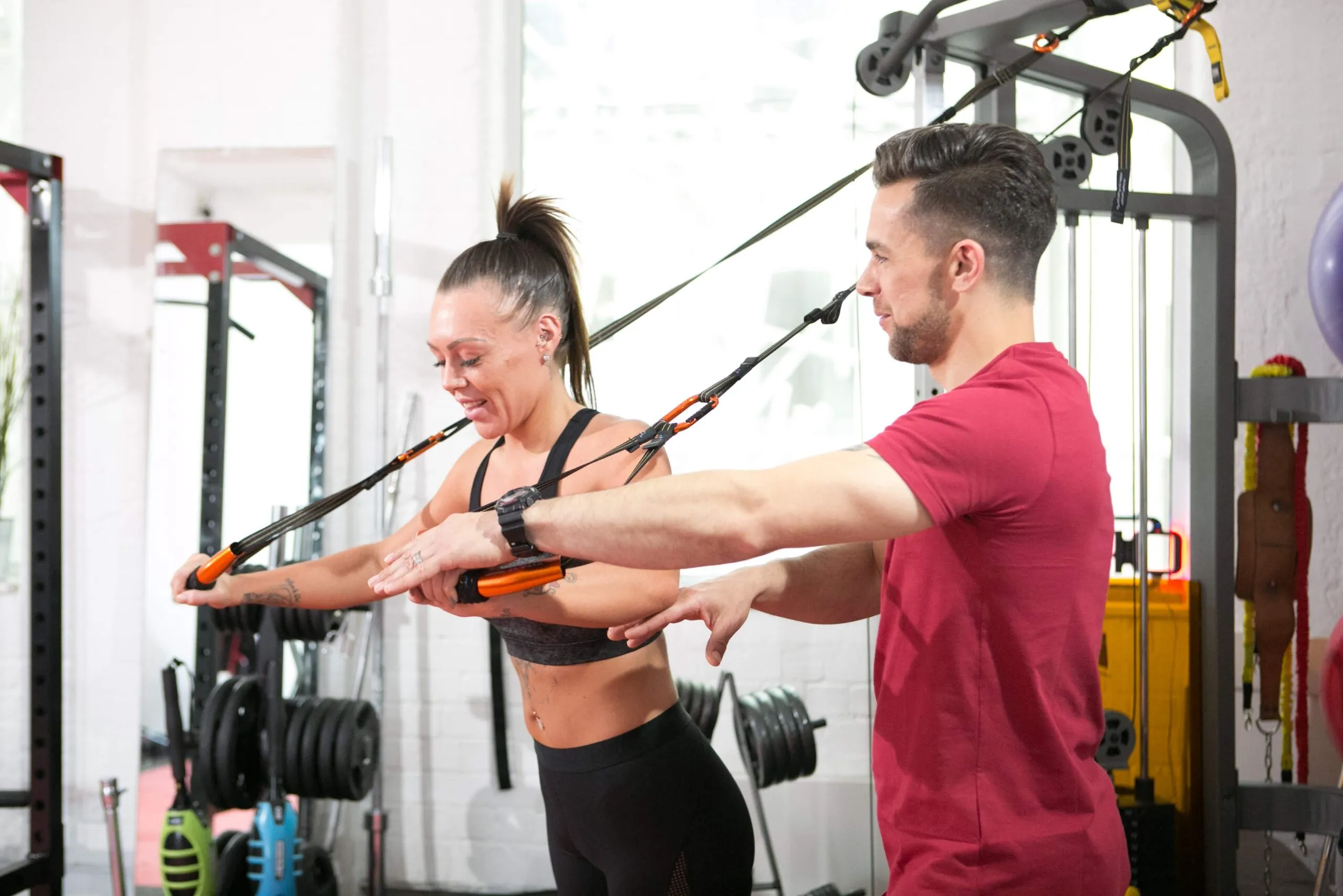 Wide view of the studio floor prepared for group classes